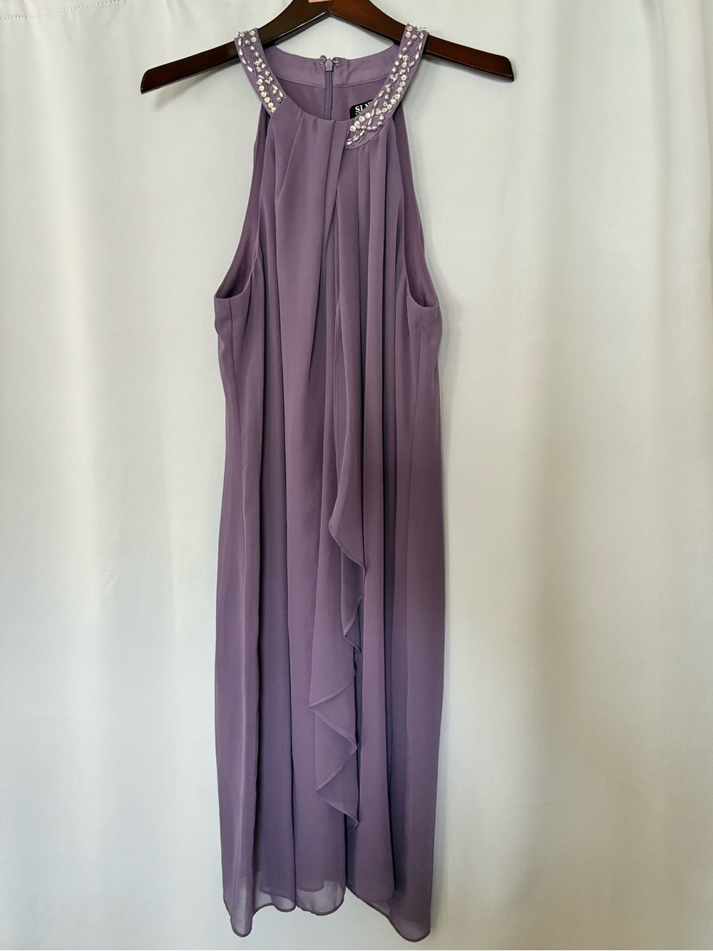 SLNY Lavender Halter Beaded Neckline Maxi Dress
